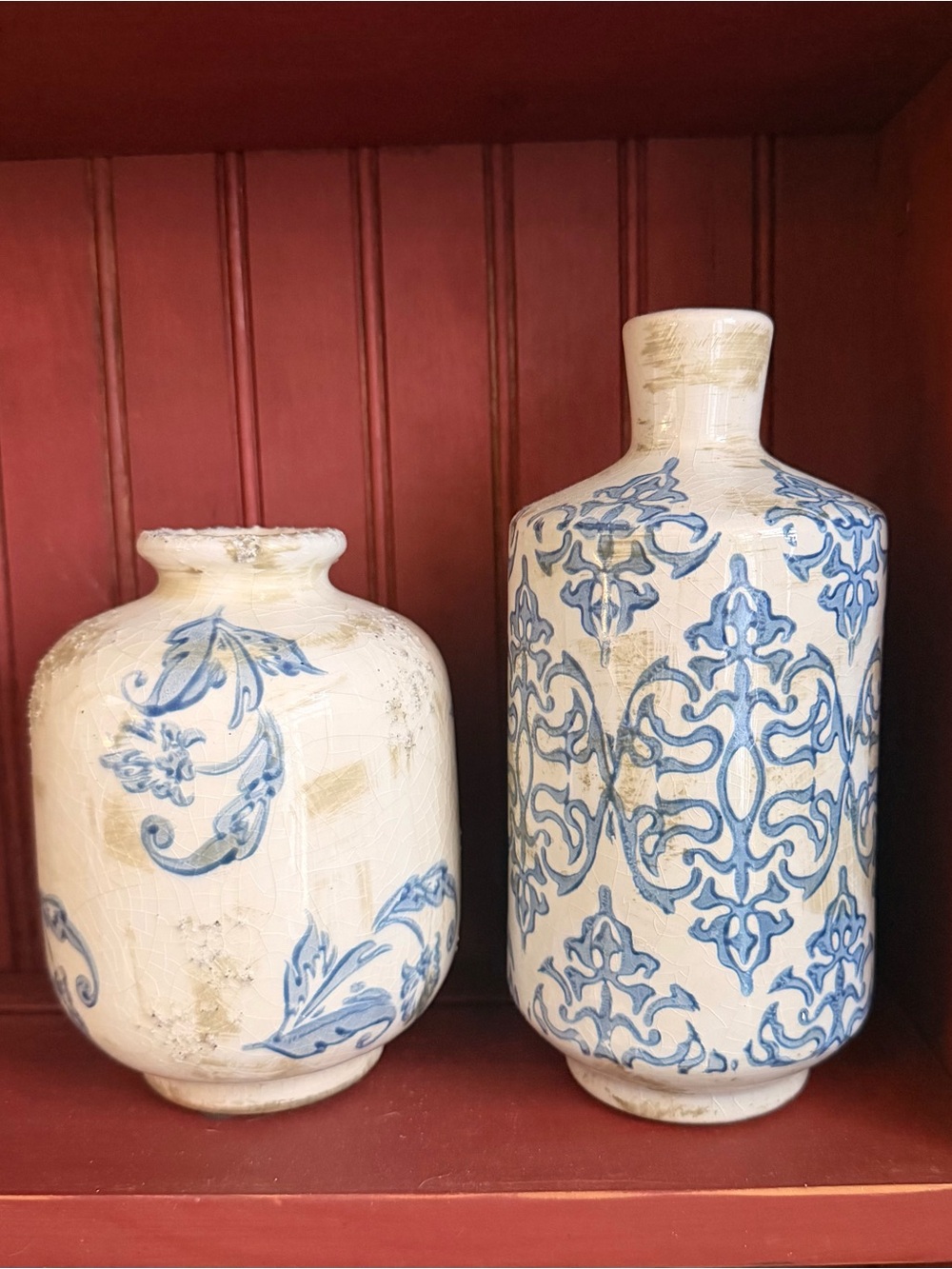 Blue & White Crackle Glaze Ceramic Vase Pair Cottage Decor